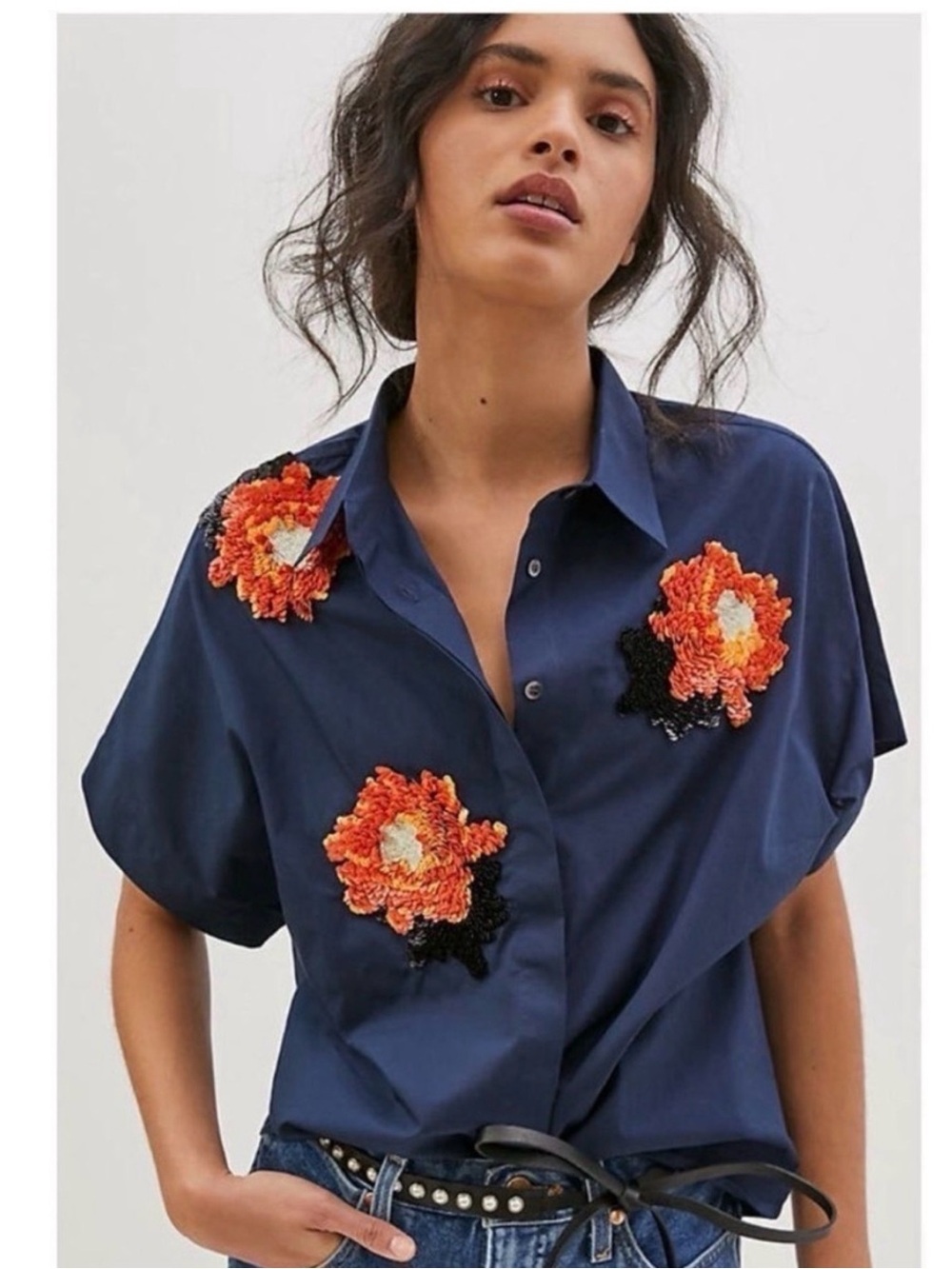 Anthropologie Dhruv Kapoor Floral Beaded Buttondown Blouse